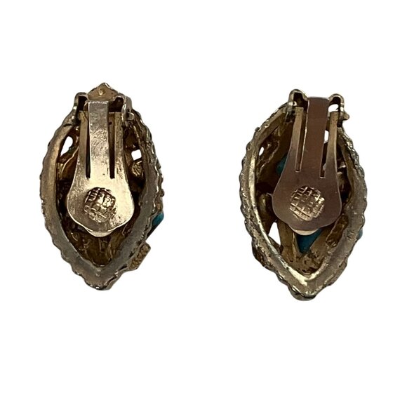 Vintage 60s Faux Turquoise Hubble Glass Gold Tone Clip On Earrings Geode Retro - Picture 5 of 7